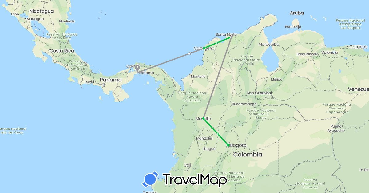 TravelMap itinerary: driving, bus, plane in Colombia, Panama (North America, South America)